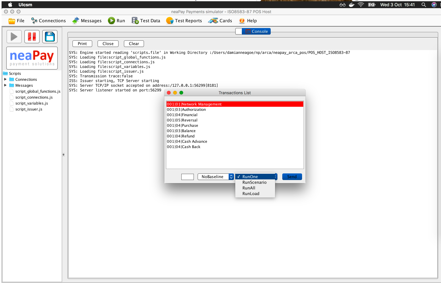 Run One, Run Scenario, Run All, Run Load in the neaPay ISO8583 Simulator - Use guide