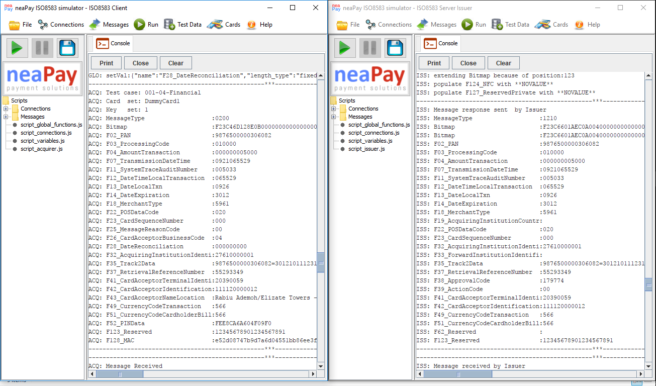 Run the neaPay ISO8583 converter to JSON, XML, SQL, in a test environment