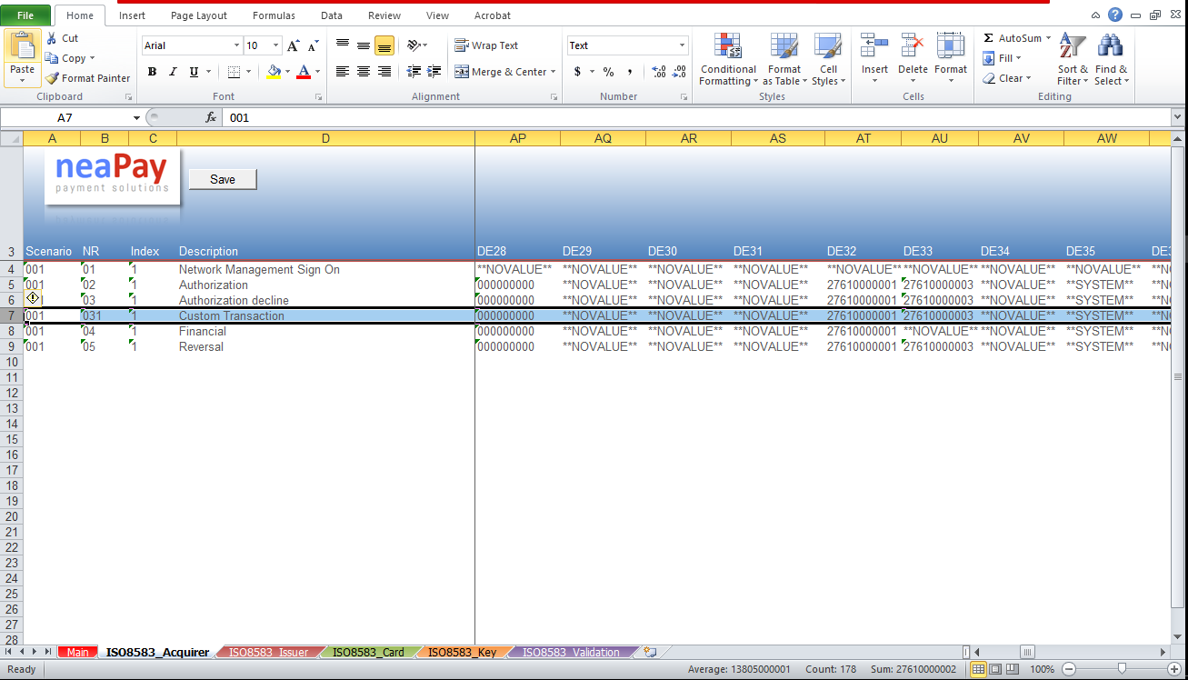 Altering test cases in Excel for the ISO8583 simulator